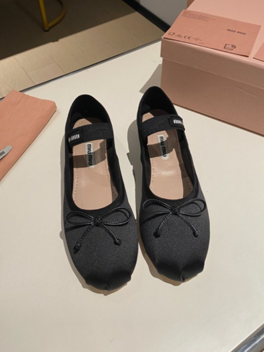 Miu Miu Black Flats Black Elastic Strap and Bow